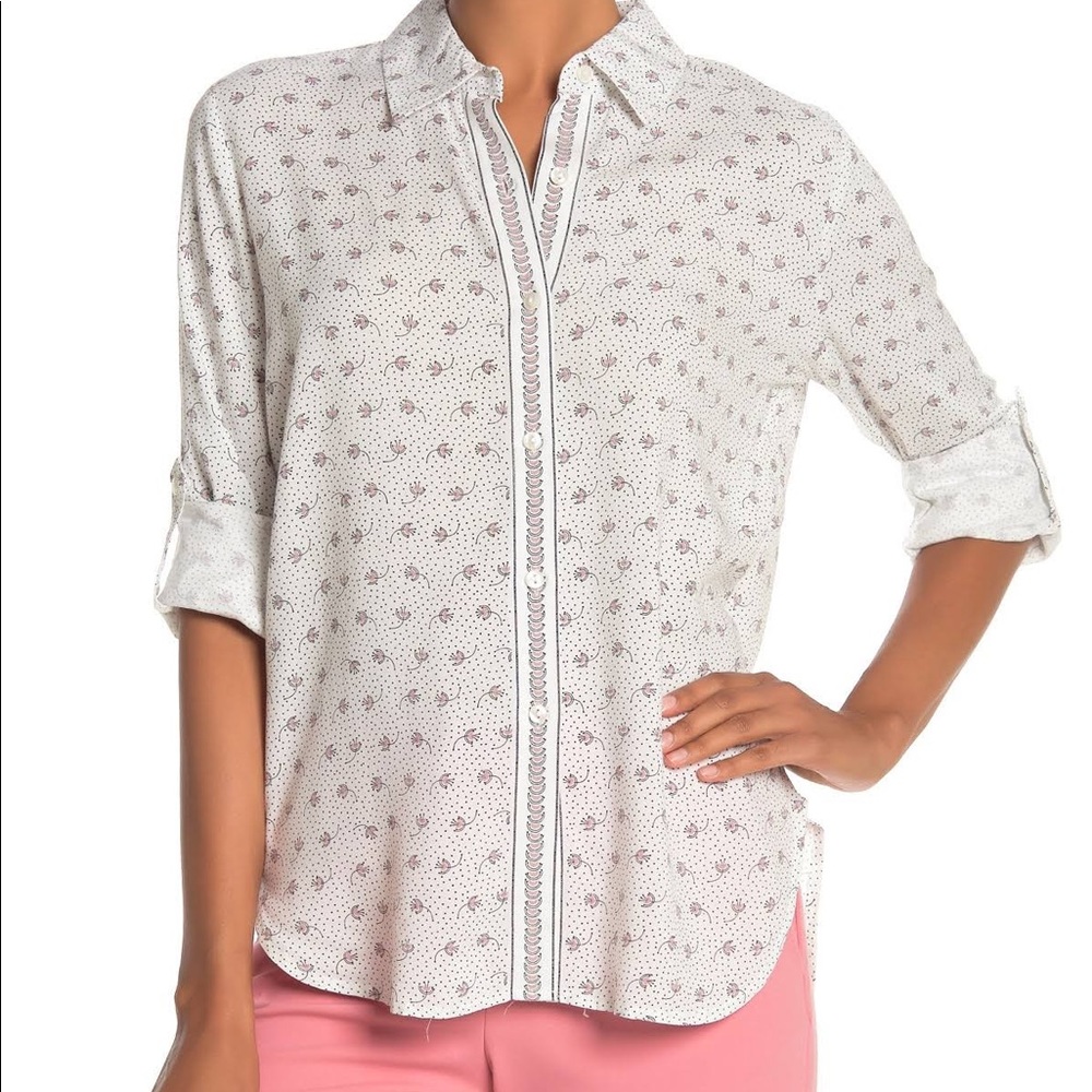 Max Studio Button Down Collared Floral Dot Top